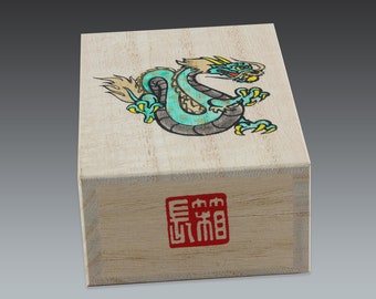Handmade Kiri Wood Sewing Needle Case: Japanese Dragon Painted Box