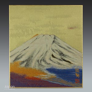 vintage japanese silk woven tapestry - mount fuji shikishi wall decor