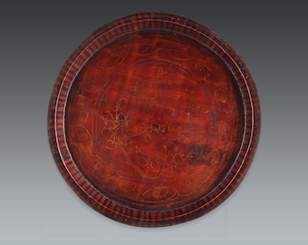 vintage small round reddish brown lacquer tea tray, lacquer tray with gold flowers, display stand
