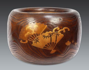 Antique Japanese Wooden Hibachi Brazier: Gold Maki-e Fans, Kiri Folk Art