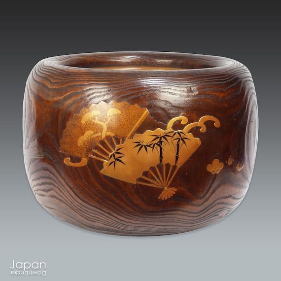 Antique Japanese Wooden Hibachi Brazier: Gold Maki-e Fans, Kiri
