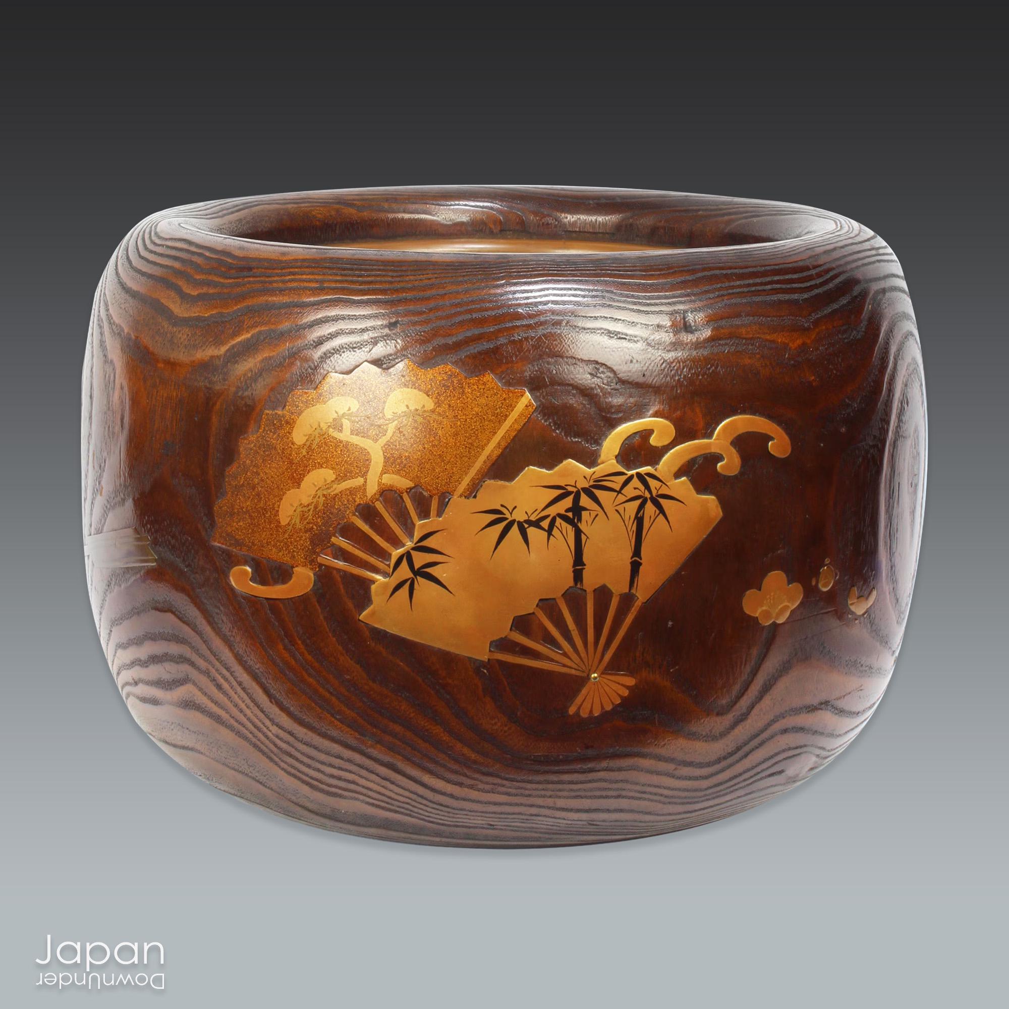 Antique Japanese Wooden Hibachi Brazier: Gold Maki-e Fans, Kiri