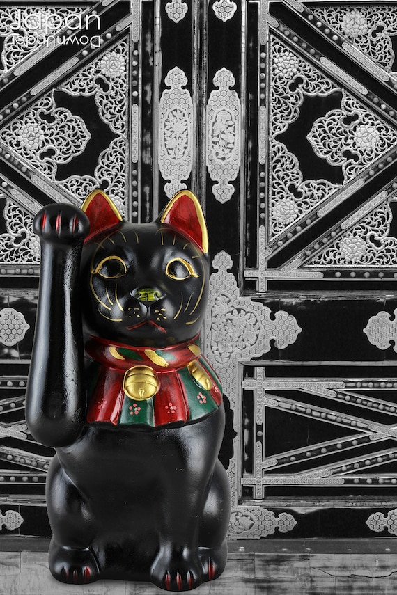 Japanese Luck Fortune Charm Black Beckoning Cat Maneki Neko Money Bank  Statue 5