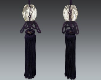 vintage japanese cut glass scroll weights with purple tassels, glass fuchin