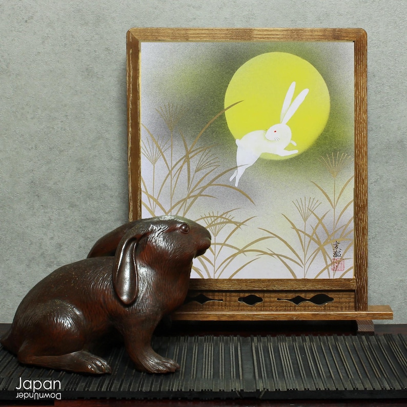 Japanese Moon Rabbit Red Japanese Moon Rabbit Shikishi Painting: Tsukimi Moon Viewing Art ...