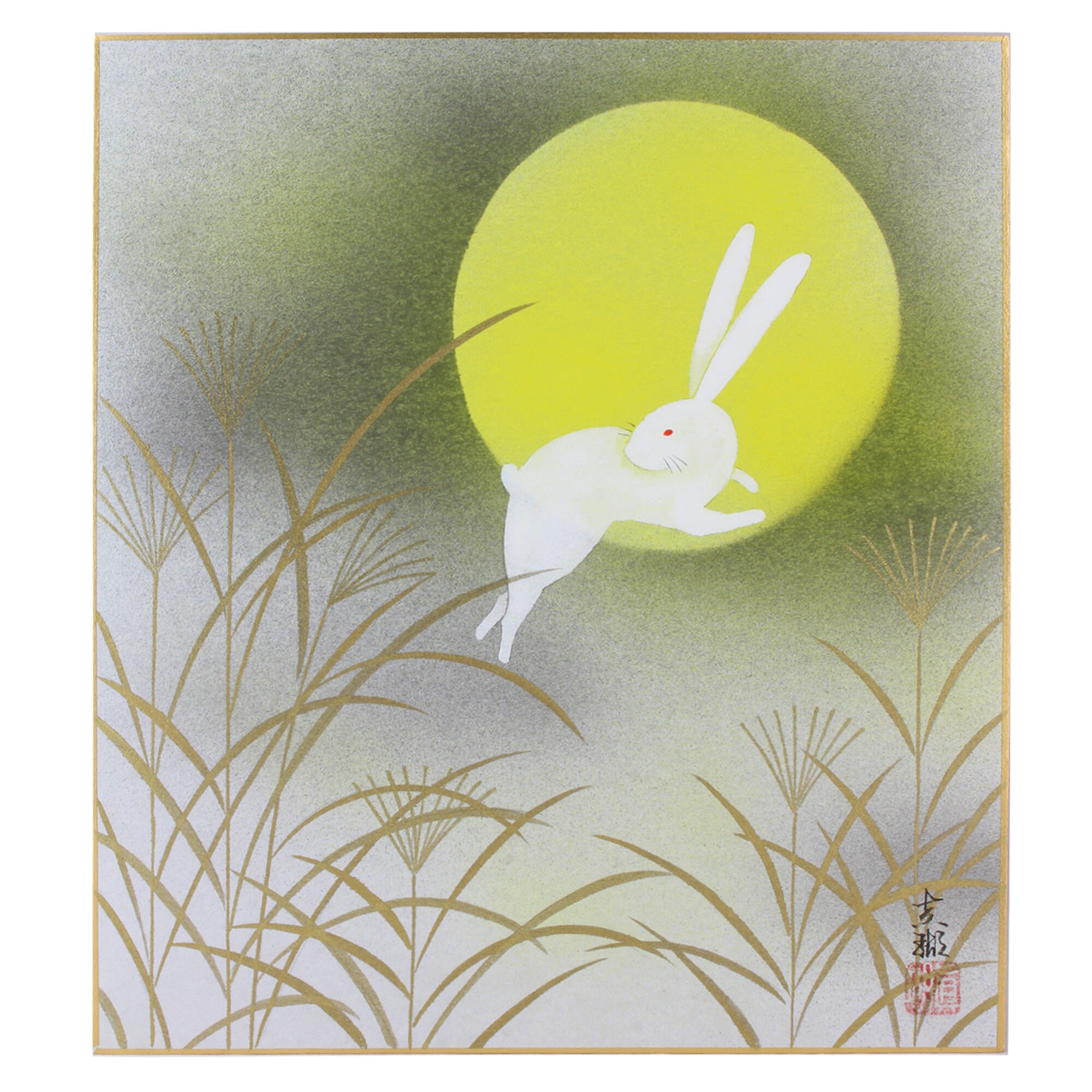 Japanese Moon Rabbit Red Japanese Moon Rabbit Shikishi Painting: Tsukimi Moon Viewing Art ...