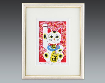framed maneki neko silk screen print,  japanese lucky charm