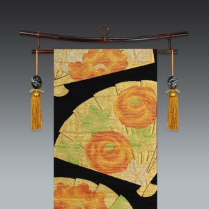 vintage japanese obi, black obi with with gold fans camellia and peony
