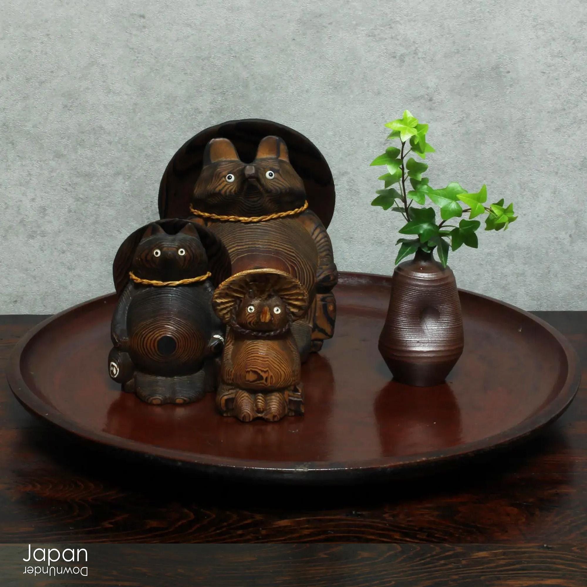 Vintage Japanese Wooden Tanuki Trio Folk Art Figures: Lucky Charm