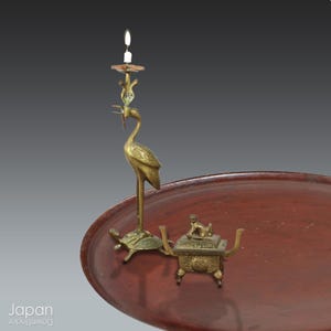 Antique Japanese Buddhist Altar Offering Set: Brass Crane Candle Holder And Censer