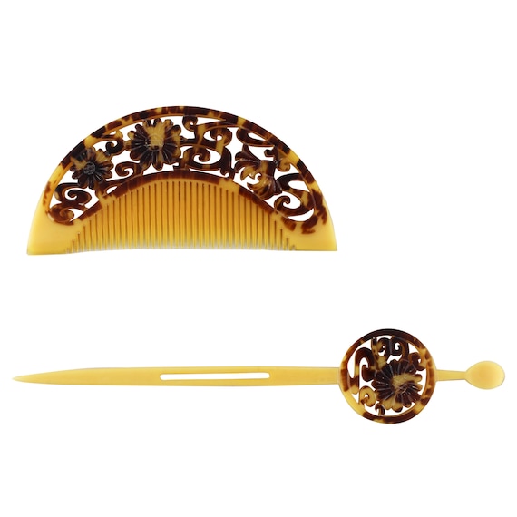 Vintage Japanese Kanzashi, Faux Tortoise Shell Comb and Hair