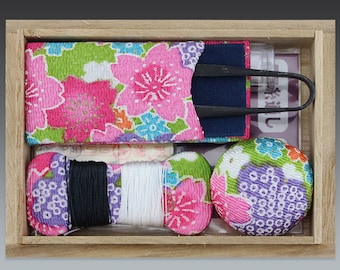 Japanese Sewing Kit: Chirimen Fabric Mini Set in Kiri Wood Box