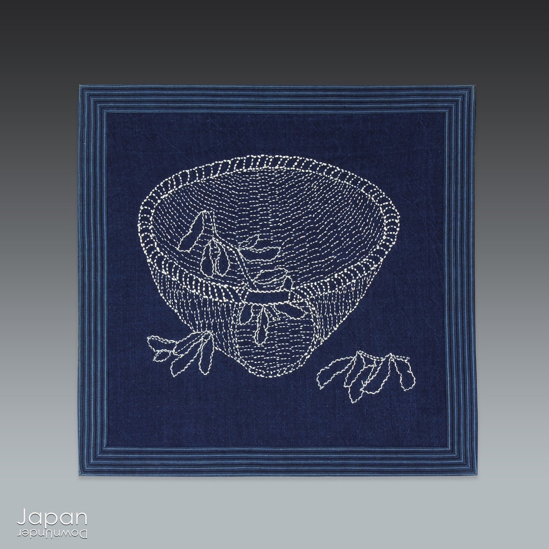 Japanese Antique Aizome Fabric Placemat With Detailed Boiled Soybeans