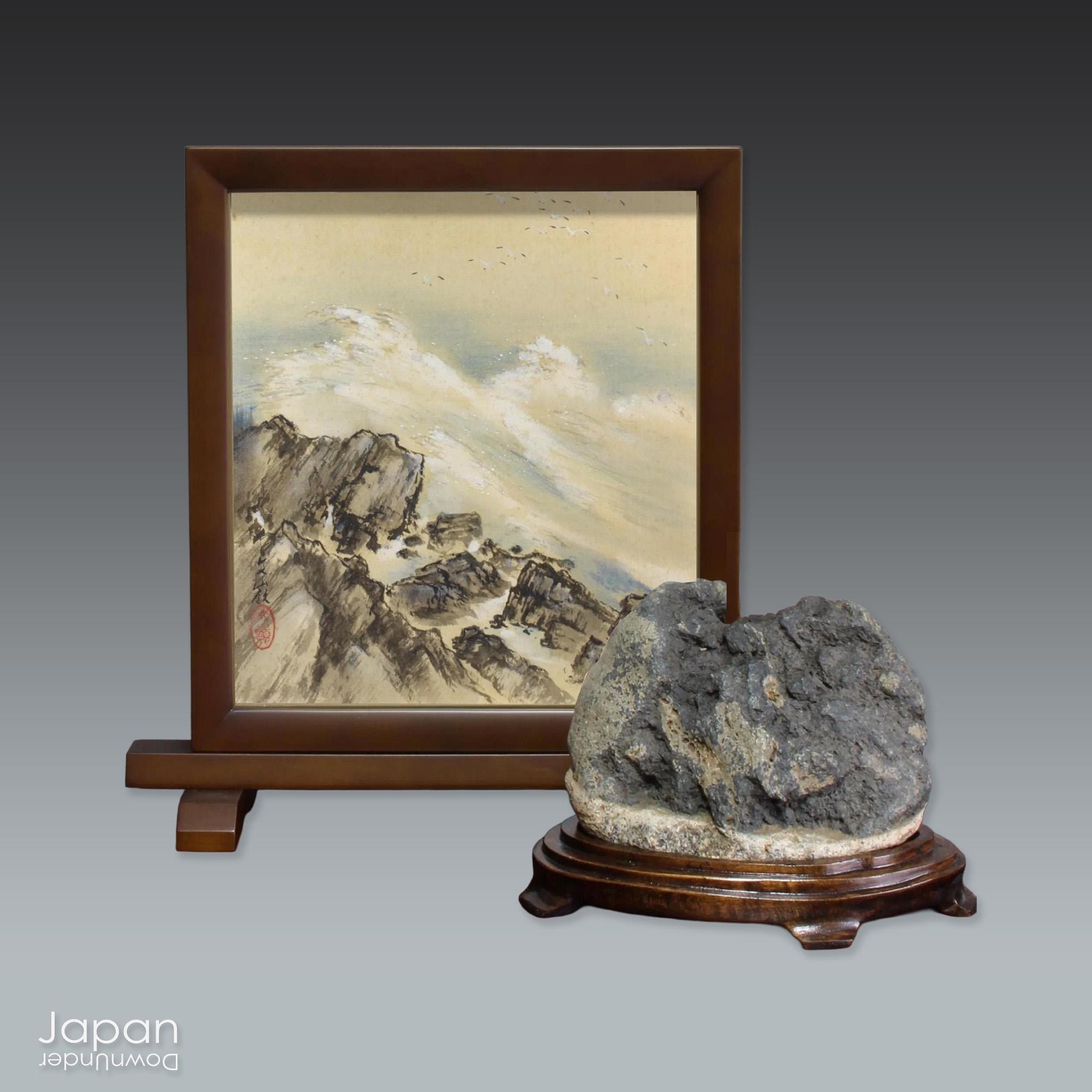 Vintage Japanese Suiseki Mountain Viewing Stone With Quartz & Hand