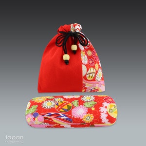 Étui à lunettes rigide en tissu chirimen japonais avec pochette assortie