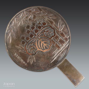 antique japanese bronze hand mirror - intricate metal work, gorgeous display piece