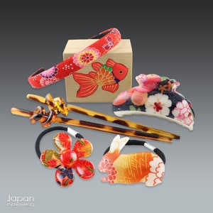 japanischer Haarschmuck, Chirimen Stoff Haarschmuck, Chirimen Stoff Haargummis, Blumen Haargummi