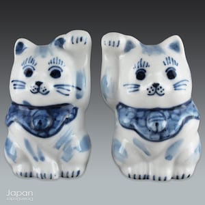 japanese miniature blue and white kutani maneki neko beckoning cat pair