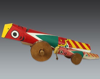 vintage japanese folk art pull toys - pheasants on wheels for good luck