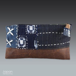 Japanese Boro Sashiko Indigo Pouch: Aizome Kimono Patchwork Cosmetic Bag, Sakebukuro Kakishibu Textile