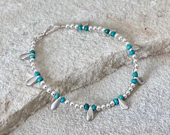 Bracelet with silver drops, Kingman turquoise and ball beads made of sterling silver, silver sterling 925