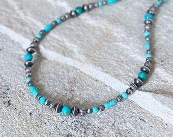 Mixed Turquoise Necklace with Navajo Silver Beads, Kingman, Fox, Campitos, Sterling Silver 925