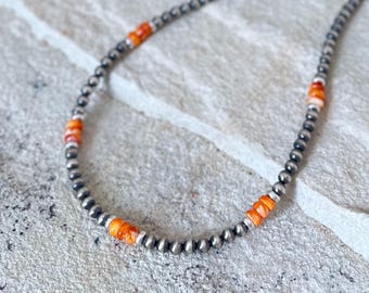 Necklace with orange spiny oyster and Navajo-style silver beads, sterling silver 925
