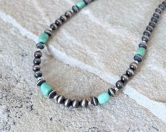 Necklace with Navajo-style silver beads and variscite, sterling silver 925