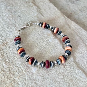 Bracelet with Navajo-style silver beads and Spiny Oyster shell beads, Sterling Silver 925