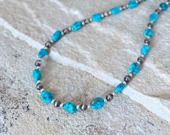 Necklace with Sleeping Beauty turquoise nuggets and Navajo-style silver beads, 925 silver