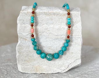 Gemstone necklace with Fox Turquoise, Mediterranean Coral, Jasper and Gold, Gold 750 18k Carat, Kingman Turquoise