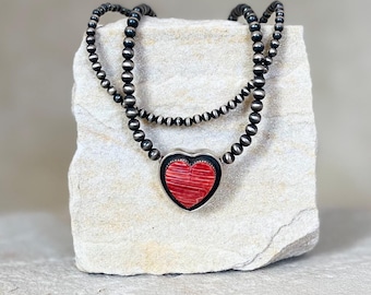 Red Spiny Oyster Heart Pendant Silver Necklace with Navajo-Style Pearls 925 Sterling Silver Southwestern Look