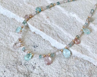 Aquamarine, Tourmaline, Rose quartz, Natural zircon, Gemstone necklace with gold beads, Solid 14-karat gold, Solid 585 gold