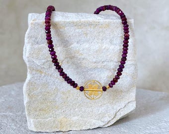 Ruby Necklace with an Ancient Gold Bead of the Sassanian Period, Solid Gold 18 Karat