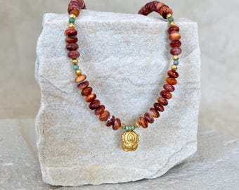 Gemstone necklace with an antique crab pendant made of gold, shell pearls and Carico Lake turquoise, gold 750 18k 20k 22k carat