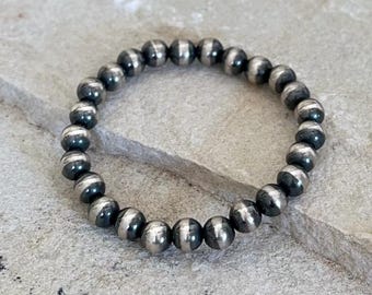 8 mm・Stretch・Navajo-Style Silver Bracelet・925 Sterling Silver・Southwestern Look