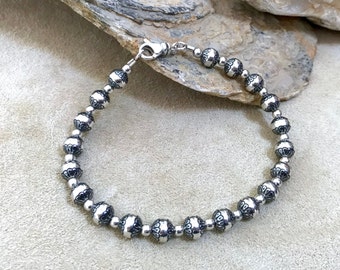 Bracelet with sterling silver beads, ornamentally embossed ball beads, sterling silver 925