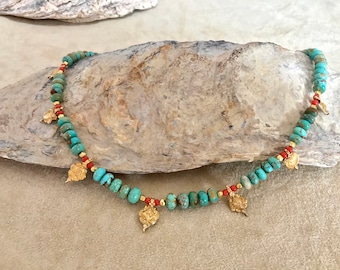 necklace with real Gleeson turquoise beads antique vintage natural coral indian amulet pendant Rajasthan solid gold 18 karat 20k 18k