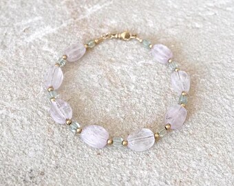 Gemstone bracelet with kunzite, aquamarine and gold beads, gold 585 14 carat