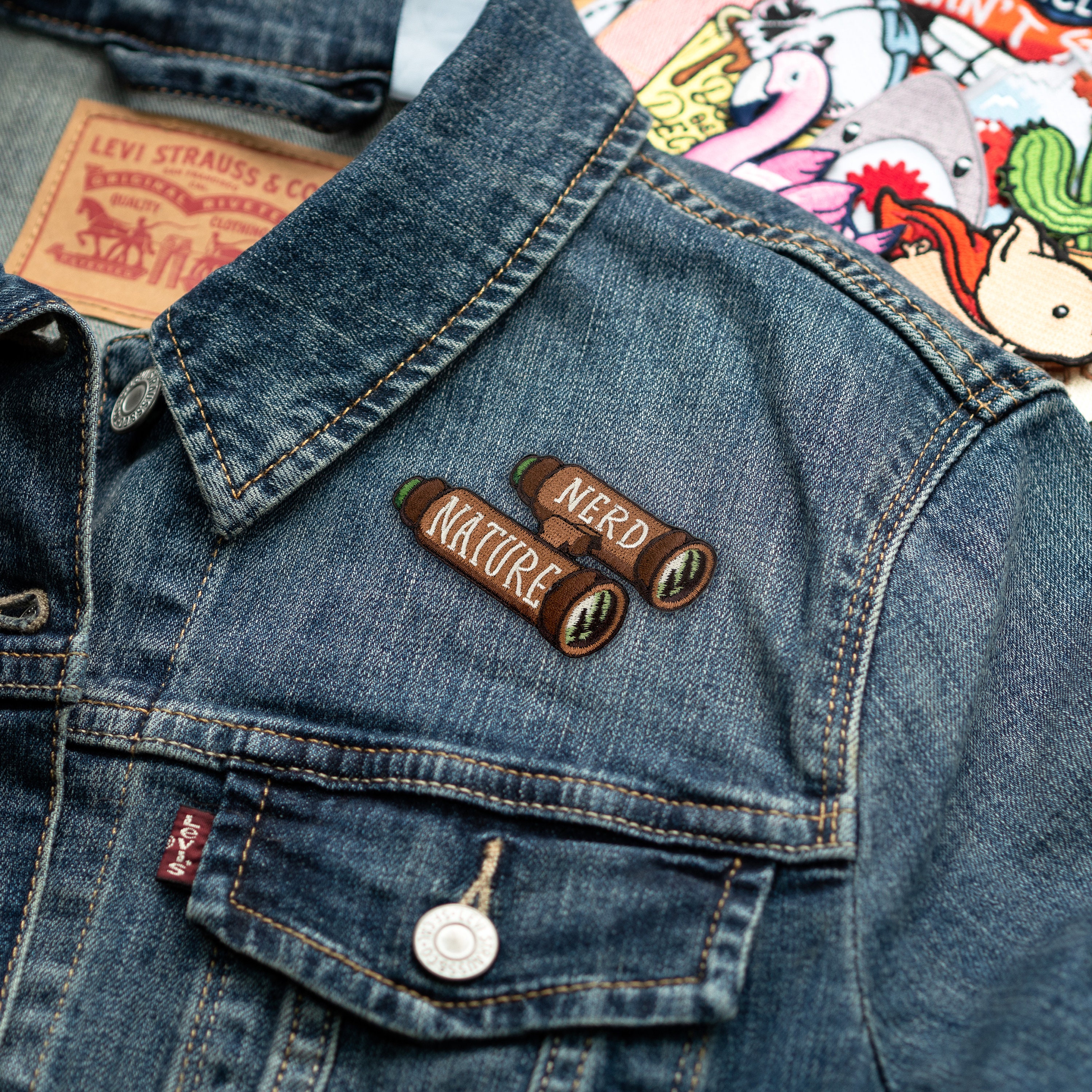 Nirvana Vintage Smiley Face Denim Jacket Nature Nerd Binoculars 