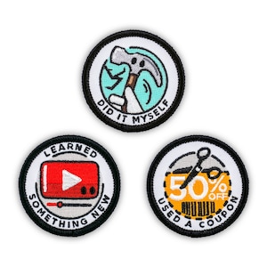 Adulting Merit Badge Embroidered Iron-On Patches (Achievements - Set 2) - Includes Three (3) 2&quot; Patches
