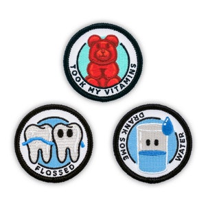 Adulting Merit Badge Embroidered Iron-On Patches (Health - Set 2) - Includes Three (3) 2&quot; Patches