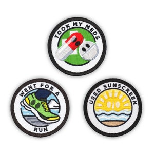 Adulting Merit Badge Embroidered Iron-On Patches (Health - Set 4)  - Includes Three (3) 2&quot; Patches