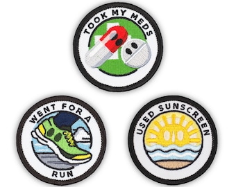 Adulting Merit Badge Embroidered Iron-On Patches (Health - Set 4)  - Includes Three (3) 2" Patches