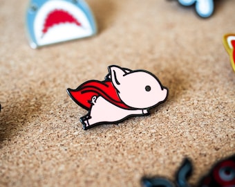 Flying Pig with Red Superhero Cape Hard Enamel Lapel Pin