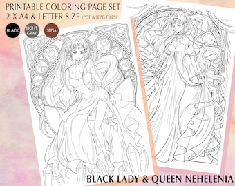 Sailor Moon Coloring Page, Black Lady Nehelenia Fanart Printable Pages Set - A4 design Digital File Anime Manga Art Instant Download Pdf