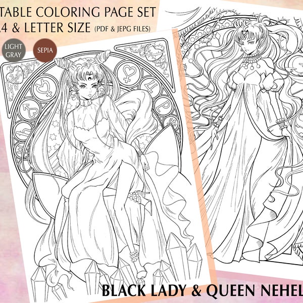 Sailor Moon Coloring Page, Black Lady Nehelenia Fanart Printable Pages Set - A4 design Digital File Anime Manga Art Instant Download Pdf