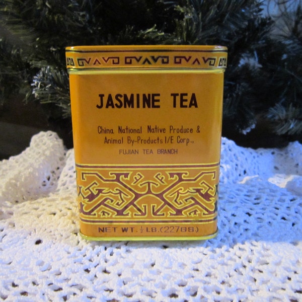 Jasmine Tea Tin Vintage 1970's Sunflower Brand Multi-lingual Yellow Brown Red Plastic Inside Seal Tea Coffee Sugar Storage Collectible Tin