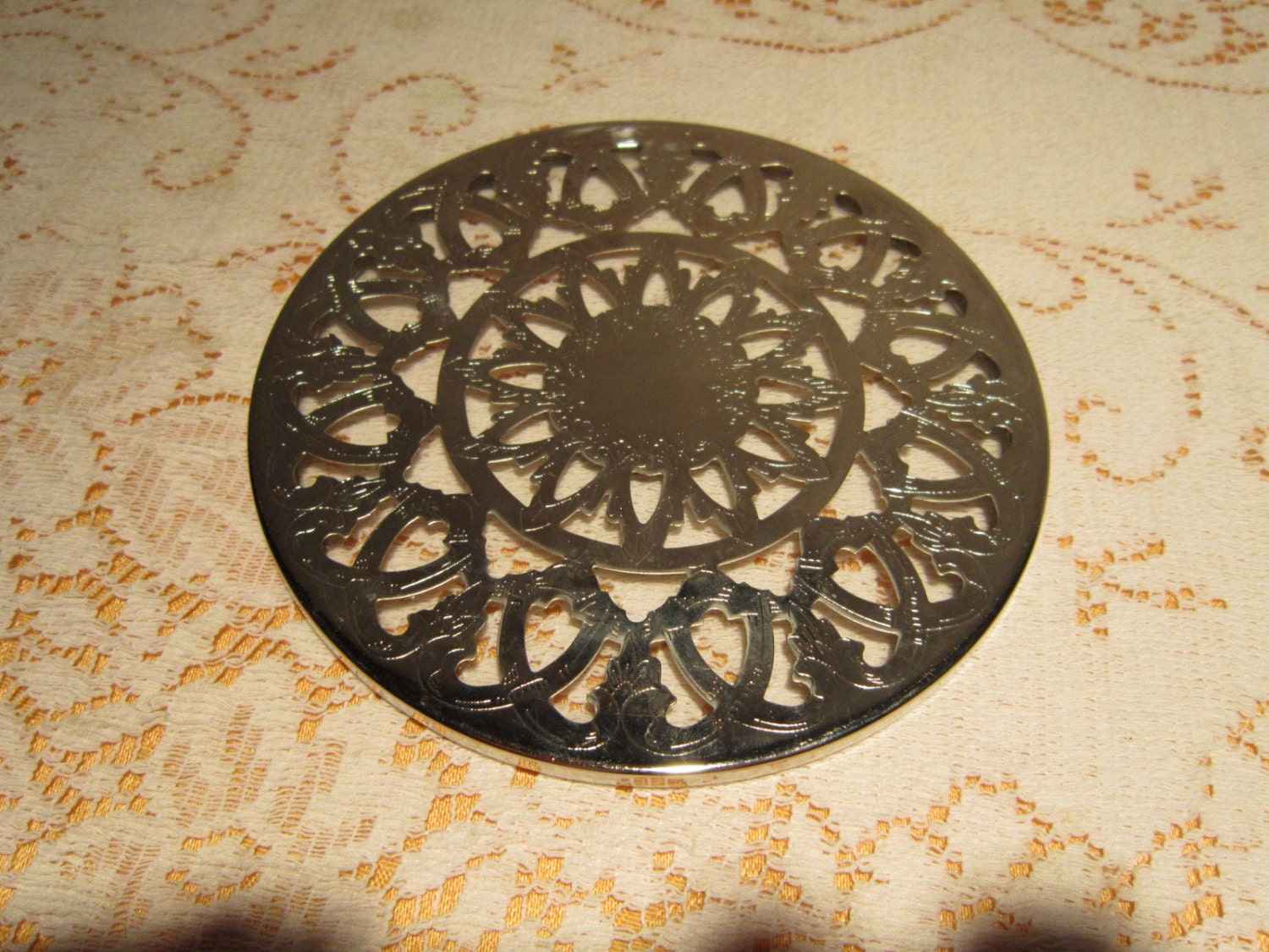 Silver Glass Round Trivet Vintage 1960's Leonard Etched Etsy