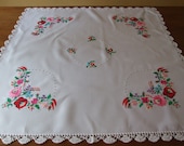 Amazing Vintage c80s Hungarian Folk Kalocsa Floral Motif Hand Embroidered White Cotton Tablecloth Beautiful Handmade Crochet Lace Tablecloth